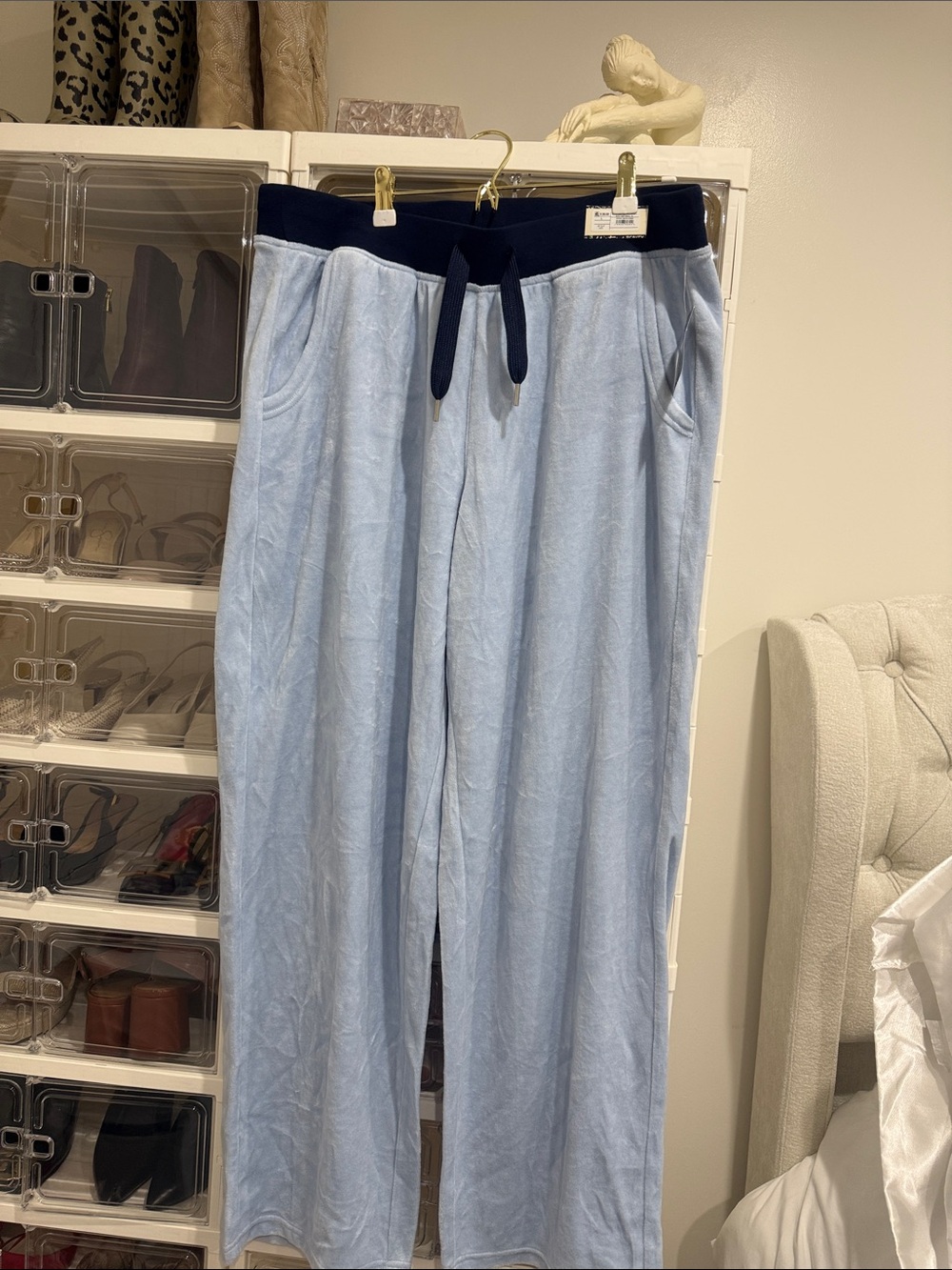 Light Blue Women's Lounge Joggers with Navy Drawstring Waist